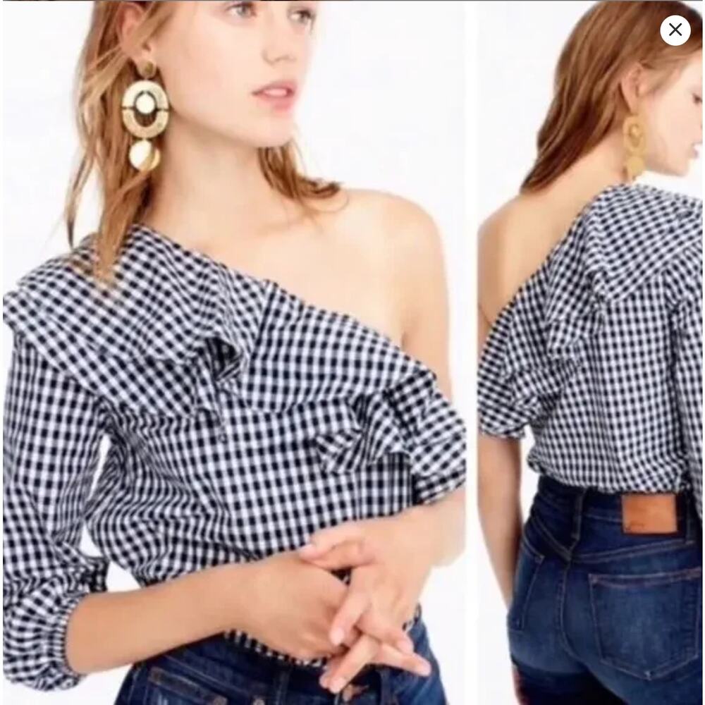 NWT J,Crew Gingham Plaid Ruffle Top One Shoulder Navy‎ 6P
